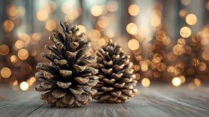 festive pine cones decor bokeh lights tabletop
