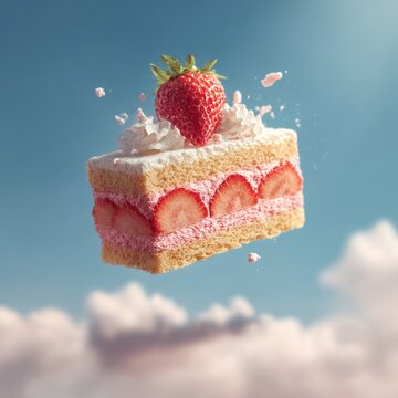 A slice of strawberry cake floats in mid-air, against a pastel sky.  Whipped cream splashes around it