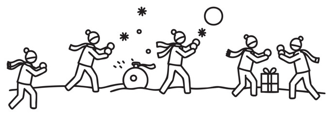 Fototapeta premium Doodle characters engaged in playful winter snowball fight scene with scarves and hats - stock vector