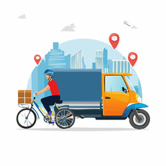 Naklejka premium Delivery Vector Illustration Efficient Express Free Shipping for Online Shop & E-commerce with Courier Services Bike, Motorcycle, Truck, Handcart
