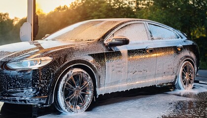 car being washed with foam soap close up highlighting luxury vehicle cleanliness and thoroughness