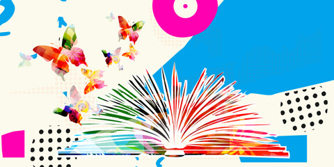 Book to read or book review concept. Open book vector on colorful background. Library online design