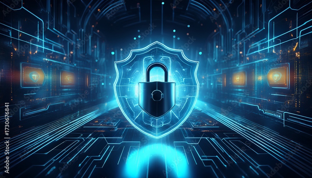 Wall mural a dark futuristic cyber security scene features a padlock and shield on a blue technology background