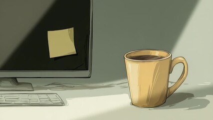 A desk with a computer monitor showing a sticky note, a keyboard, and a mug of coffee.