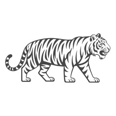 Stylized black and white illustration of a walking tiger