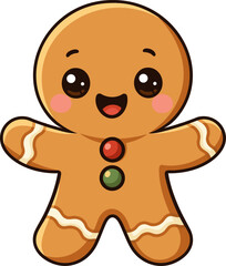 Happy gingerbread man cookie with icing decorations and candy buttons. Perfect for Christmas, baking themes, and holiday crafts.