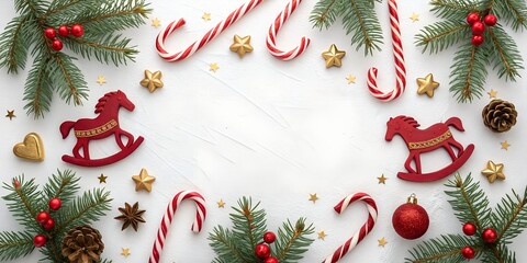 Christmas Candy Cane Background with Pine Branches and Festive Ornaments on White