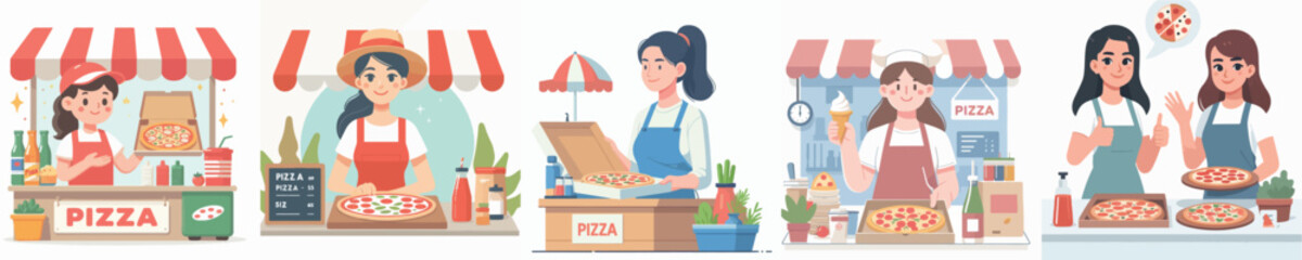 vector woman selling pizza