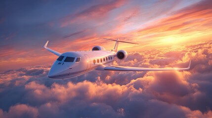 A sleek private jet soars through vibrant clouds, illuminated by the warm hues of sunset. The scene captures the tranquility of high-altitude travel in the evening sky