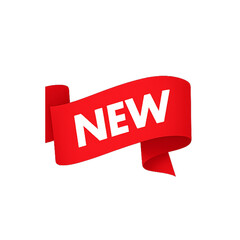 A red ribbon with shop now text and geometric shapes on a white background for advertisement use