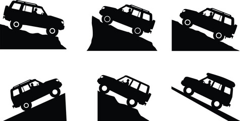 PrintOffroad SUV silhouette set, mountain climbing, steep hill driving, rugged terrain vehicle, adventure car illustration, extreme travel concept, 4x4 icon. © Creatives World