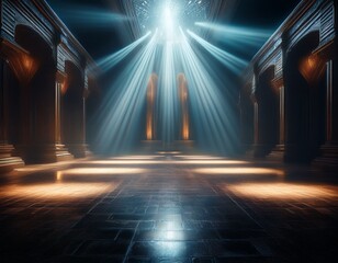 mysterious light beams piercing through a dark textured space creating an ethereal atmosphere with a blend of shadows and reflections