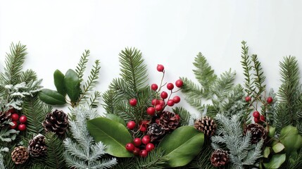 festive holiday adornments with pine foliage against a plain white backdrop