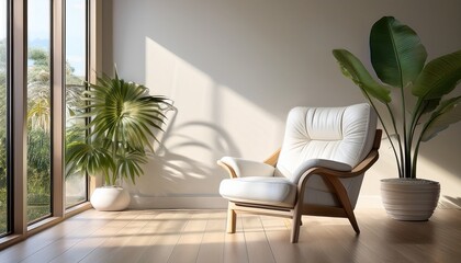 modern living room interor with white leather armchair large window and tropical plant copy space