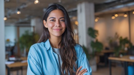 young smiling latin girl college student or teacher looking at camera standing in university campus happy hispanic millennial woman professional posing in modern coworking creative office space no lo