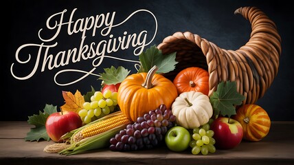 Happy Thanksgiving Cornucopia with Autumn Harvest horn of plenty