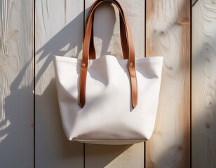 stylish white tote bag for mockup with brown leather straps hanging against a minimalist white wooden backdrop in bright sunlight