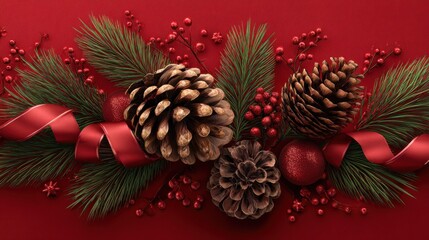 creative and festive merry christmas sparkle red banner design template featuring pine cones and ribbons to celebrate the holiday season
