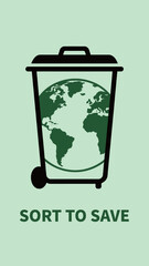 Sort to Save Global Recycling and Waste Management Concept Earth Inside a Transparent Trash Bin Icon