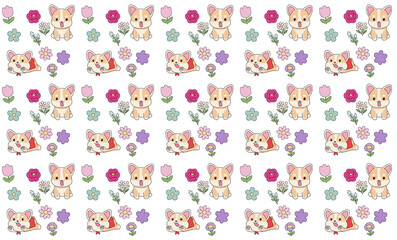 Seamless Pattern with Cute Flowers Puppy Animal Cartoon