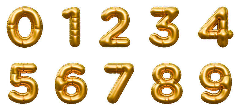Set of golden balloon numbers or foil balloons on a isolated background. Helium balloons for anniversary and wedding. Number golden balloon isolated.