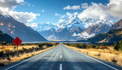 Scenic mountain road with snow-capped peaks