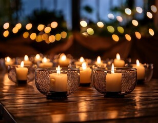 candles emit warm glow while creating a serene atmosphere in a dimly lit space during an evening gathering