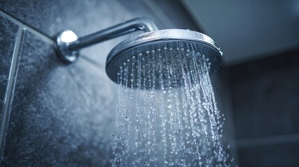 Water flows from a shiny shower head, creating a refreshing cascade in a contemporary bathroom. The tile walls add a touch of elegance and tranquility to the space