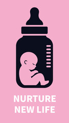 Nurture New Life Maternity and Infant Care Concept Fetus or Baby Silhouette Inside a Minimalist Baby Bottle