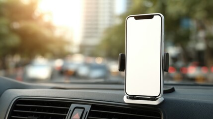 A smartphone is securely placed in a car dashboard holder as sunlight filters through a busy city street, creating a warm glow. Traffic is visible in the background