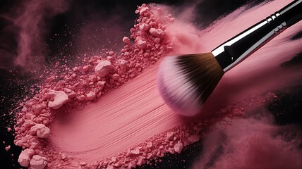Pink makeup powder and brush in motion cosmetic