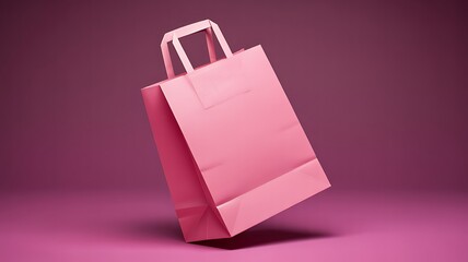 Pink Paper Shopping Bag with Handles on Pink Background
