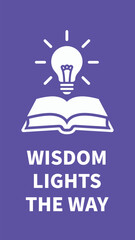 Conceptual Purple Poster of Knowledge and Enlightenment: A Lit Light Bulb Floating Above an Open Book, Representing Wisdom, Learning, Ideas, and Guiding the Future.
