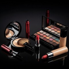 Makeup Products Displayed on Black Surface.