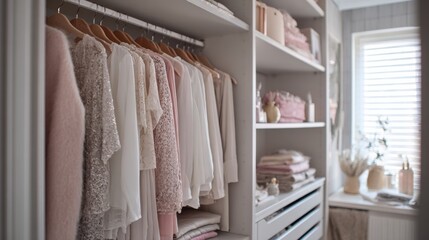 Soft pastel-colored clothing hangs neatly in a well-organized closet. Shelves showcase carefully arranged textiles and accessories, creating a calm, inviting atmosphere