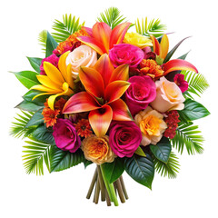 Obraz premium A vibrant and colorful bouquet featuring lilies roses and tropical foliage