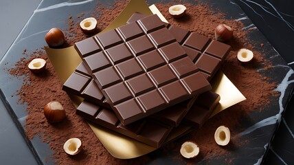Stack of Dark Chocolate Bars with Hazelnuts and Cocoa Powder