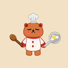 Cute Handdrawn Chef Bear with Fried Egg and Spoon Illustration