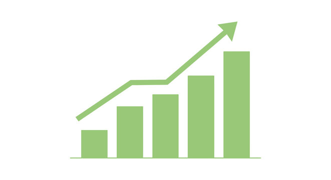 A simple green bar graph with an upward trending line silhouette