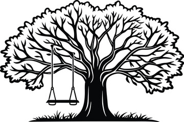 Obraz premium Silhouette of a large tree with a swing hanging from its branches
