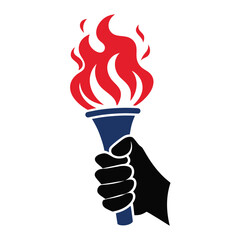Black Hand Holding Torch with Red Flames and Blue Handle on White Background fire