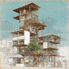 Elevated wooden dwelling, layered structure,  multiple floors.  Architectural concept,  wood framing,  open interior.  Light pastel color palette,  delicate lines,  detailed sketch