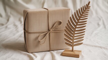 Wrapped Gift Box with Natural Twine and Wooden Leaf Decoration