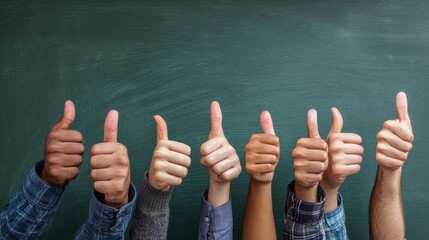 close up view of the hands of a group of people giving a thumbs up gesture of approval an success with their hands raised against a blank green chalkboard with copyspace no logos no brands ar 169