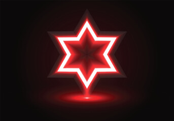 Neon Red Six-Pointed Star Symbol on Dark Background With Light Effects Keywords: star, six-pointed star