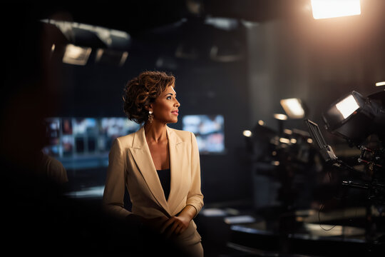 Full length shot of beautiful middle-aged mixed race anchor with curly hair in beige blazer. Television studio during break, professional lights and equipment. Broadcasting, media personality.