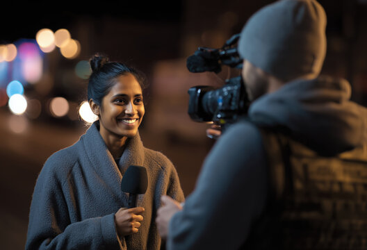 Portrait of a smiling Indian woman journalist holding a microphone, being filmed by an operator on a city street. A live news broadcast. Nighttime reporting. Urban communication.