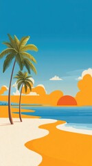 Obraz premium Tropical sunset scene featuring two palm trees on a curving sandy beach beside a calm ocean under a vibrant orange and yellow sky
