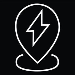 White location pin with lightning bolt inside on black background Keywords: location pin, map marker, gps