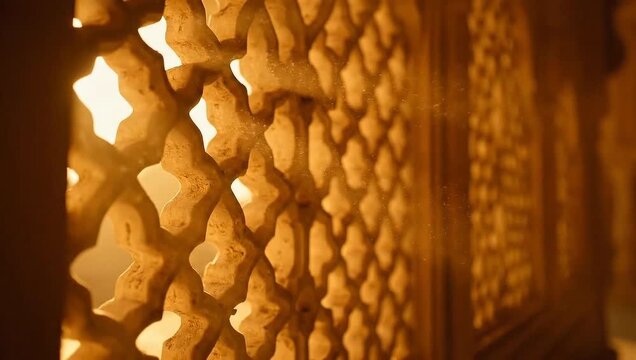 Golden Hour Sunlight Illuminates Intricate Ancient Stone Jali Carving, Dust Motes Dancing in Warm Architectural Detail
